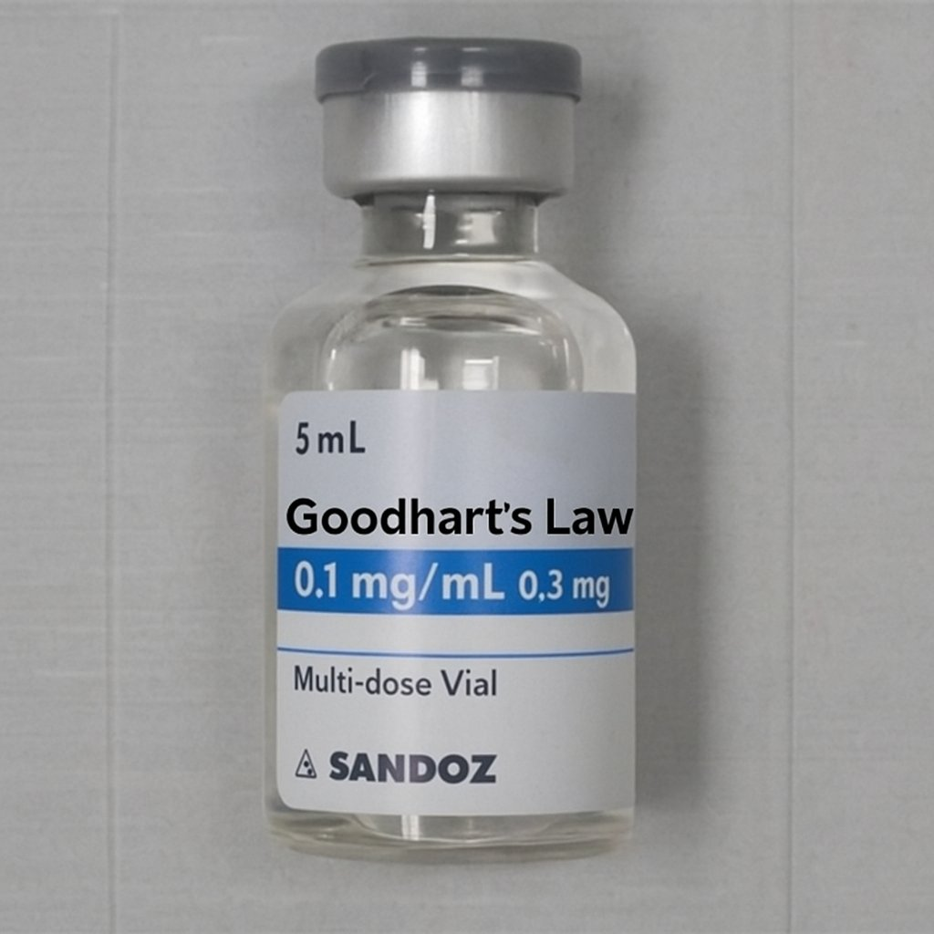Image of a mock vial labeled Goodhart’s Law used to illustrate evaluation pressure and optimization pathologies